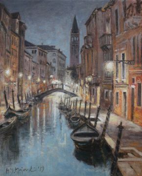 "Nocna Wenecja" Venice, Venedig, Venetia, oil, 50x40cm